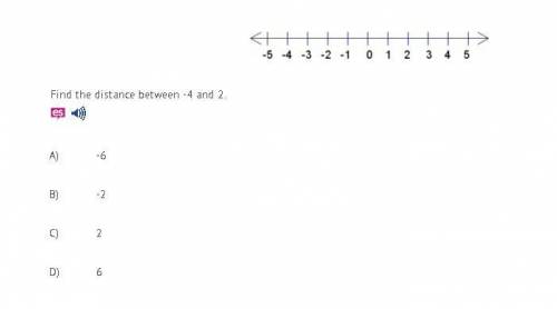 Find the distance between -4 and 2. A) -6  B) -2  C) 2  D) 6