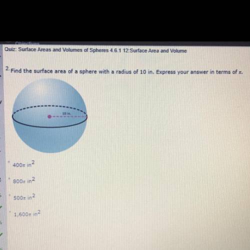 Find the surface area of a sphere with a radius of 10 in. Express your answer in terms of π.  A: 400