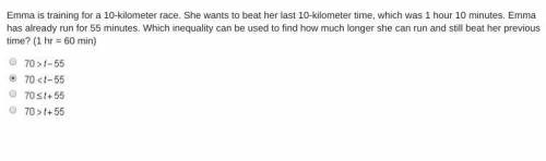 Emma is training for a 10-kilometer race. She wants to beat her last 10-kilometer time, which was 1