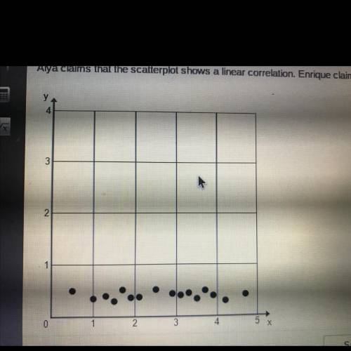 Alya claims that the scatterplot shows a linear correlation. Enrique claims that the scatterplot has