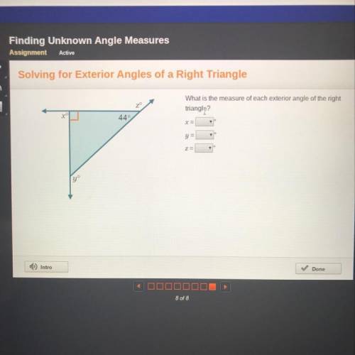 What is the measure of each exterior angle of the right triangle
