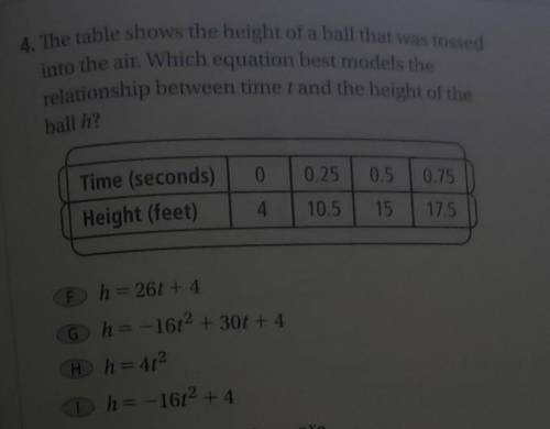 The table shows the height of a ball that was tossedinto the air. Which equation best models therela
