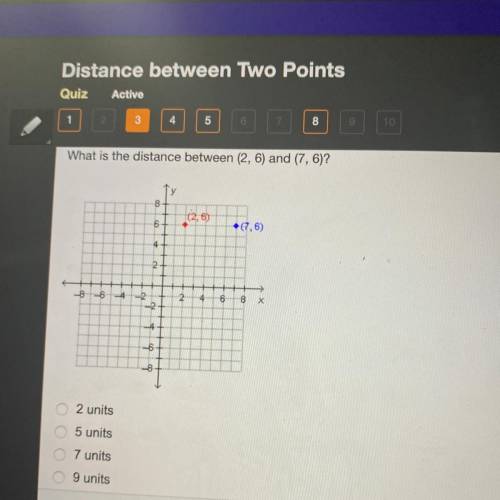 What is the distance between (2, 6) and (7, 6)? (2,6 8 6 4 -2 2 4 6 8 X do bytu 0 2 units 5 units 7