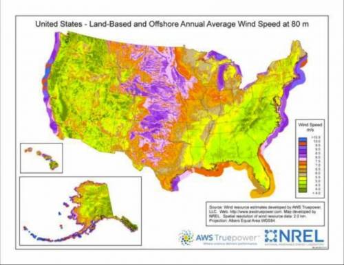 Based on the map above, what statement is MOST true concerning the sustainability of wind power? A)