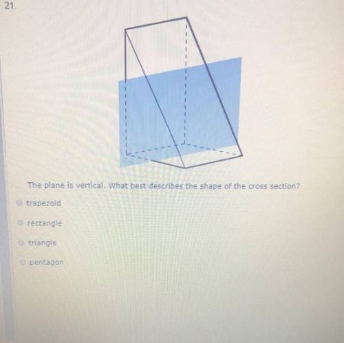 Please help The plane is vertical. What best describes the shape of the cross section? trapezoid rec