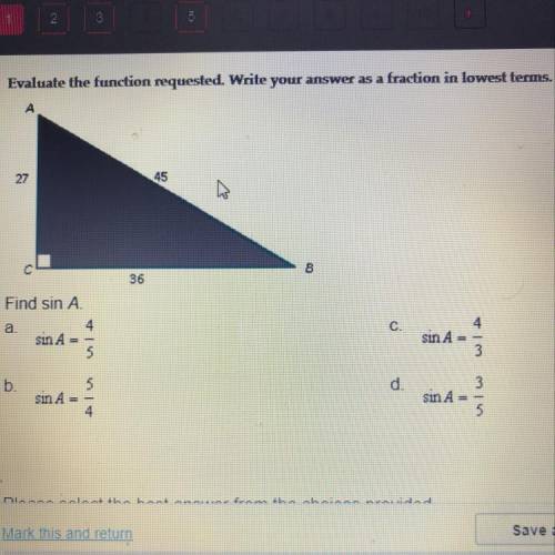 Evaluate the function requested. Write your answer as a fraction in lowest terms. Find sin A