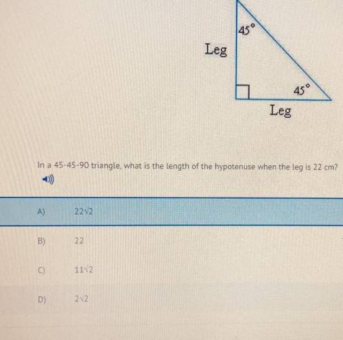 NEED HELP. (Ignore chosen answer) In a 45-45-90 triangle, what is the length of the hypotenuse when