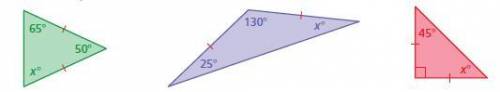 Consider the three isosceles triangles.a. Find the value of x for each triangle.The value of x for t