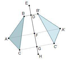ΔA'B'C' was constructed using ΔABC and line segment EH. 2 triangles are shown. Line E H is the line