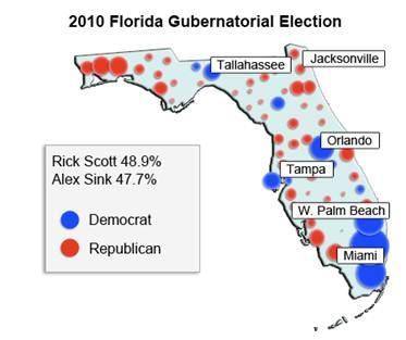 The map below shows results of the 2010 Gubernatorial Election between Rick Scott (R) and Alex Sink
