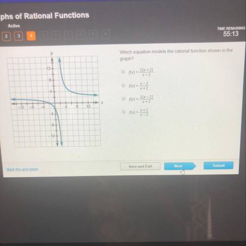 Which equation models the rational function shown in the graph ? i need help asap !!