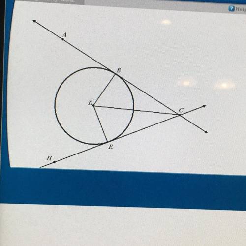 Line AC is tangent to circle D at point B. Line HC is tangent to circle D at point E. Segments DB an