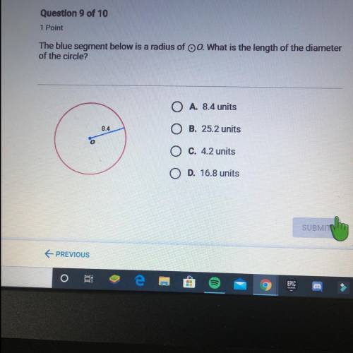 The blue segment below is a radius of 00. What is the length of the diameter of the circle? A. 8.4 u