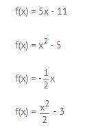 Which data set represents the histogram? A) f(x) = 5x - 11  B) f(x) = x2 - 5  C) f(x) = -1/2x  D) f(