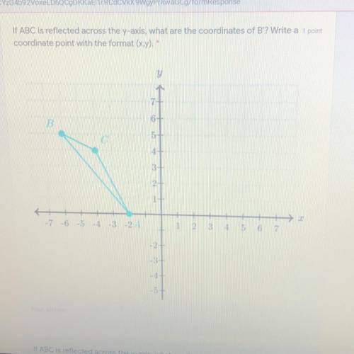 I’d ABC is reflected across the Y-axis what are the coordinates of B’ ? format (x,y)
