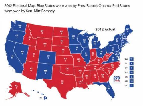 Helpp 50 points  The 2012 map doesn't give you the electoral vote totals for the two candidates. So,
