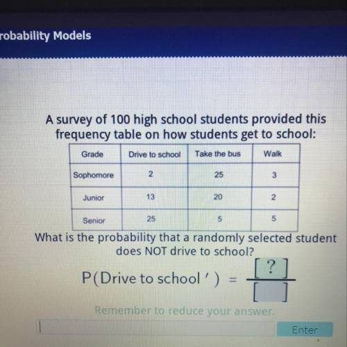 A survey of 100 high school students provided this frequency table on how students get to school: Gr