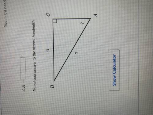 What is angle A equal to? Round your answer to the nearest hundredth. I have no idea what to do :( H