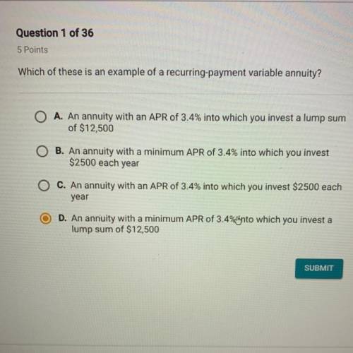 Which of these is an example of a recurring-payment variable annuity? Please lmk asap