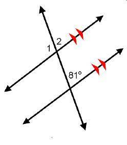 Which correctly describes how to determine the measure of angle 1? 2 parallel lines are crossed by a
