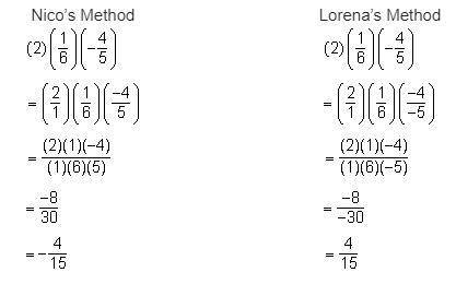 Nico and Lorena used different methods to determine the product of three fractions. Whose solution i