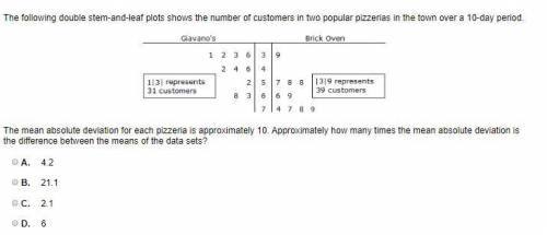 PLEASE HELP!! The mean absolute deviation for each pizzeria is approximately 10. Approximately how m