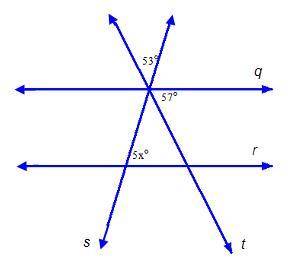 Lines q and r are parallel.Parallel lines q and r are cut by transversals s and t. The angles formed