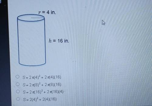 Which equation can be used to find the surface area of the cylinder?