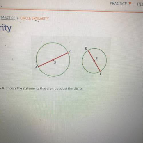 Assume that AC = 12 and DF = 8. Choose the statements that are true about the circles.
