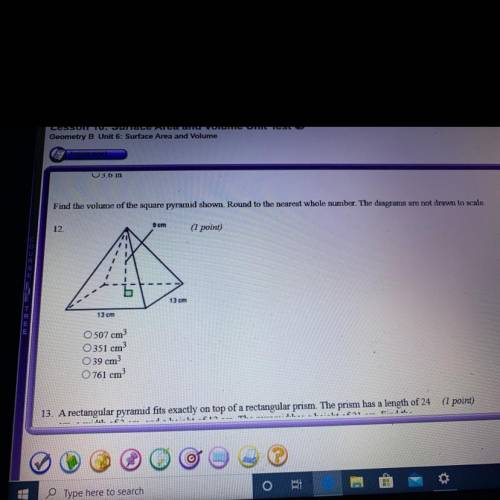 Please helppp  Find the volume of the square pyramid shown. Round to the nearest whole number. The d