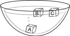 James has three cubes with identical dimensions. He places the blocks in water, as shown below. What