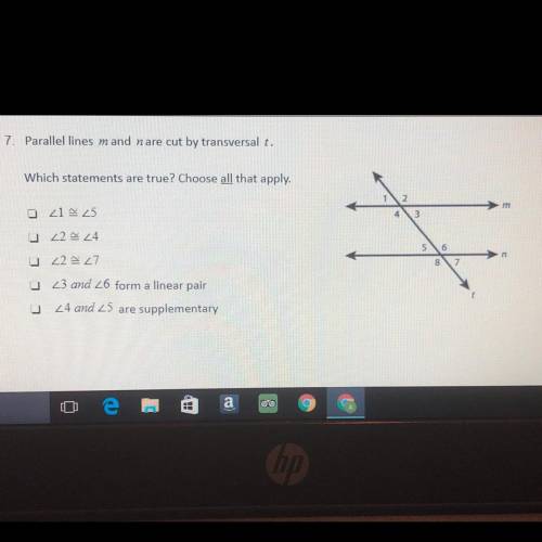Please help me out guys parallel lines m and n are cut by transversal t. Which statements are true?c