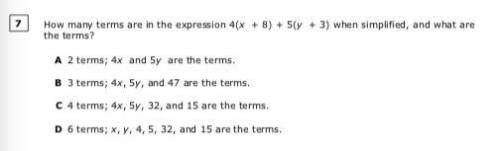 How many terms are in the expression 4(x + 8) + 5(y + 3) when simplified, and what are the terms?