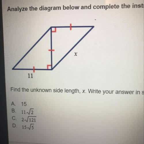 Find the unknown side, x. write your answer in simplest radical form