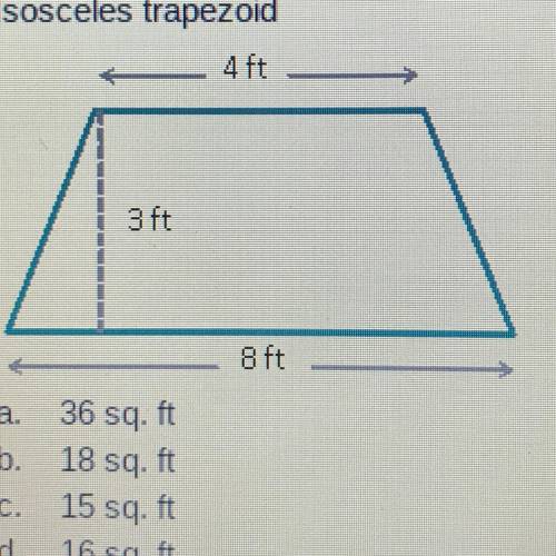 Find the area of the figure. If needed, round to the nearest tenth. Isosceles trapezoid 36 sq.ft 18