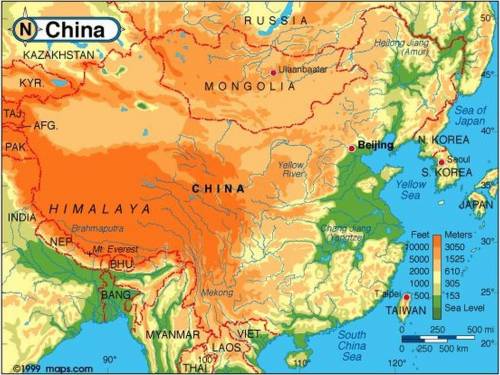Looking at the Physical Map of China, what land formations do you see? (word bank: Mountains, Platea