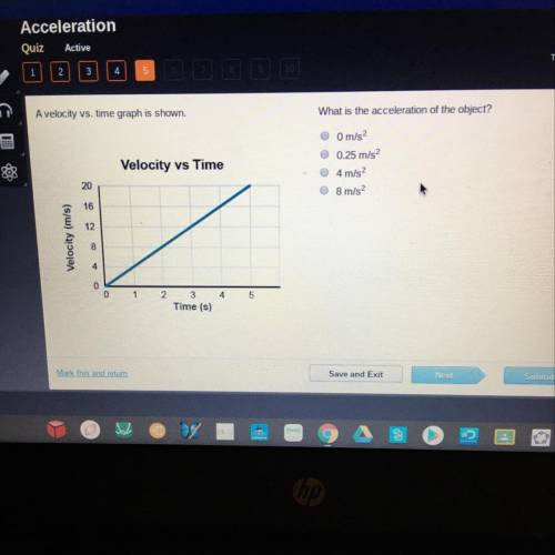 A velocity vs. time graph is shown. What is the acceleration of the object? O Velocity vs Time O m/s