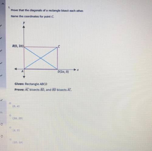 Please help ???? Prove that the diagonals of a rectangle bisect each other. Name the coordinates for