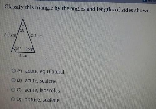 Classify this triangle by the angles and lengths of sides shown.A.) acute, equilateralB.) acute, sca