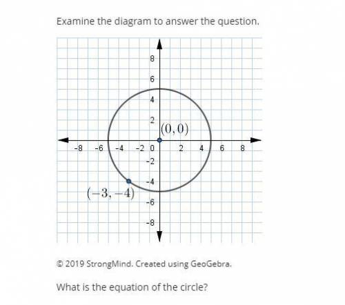 Examine the diagram to answer the question. A circle with its center at (negative 0, 0) and passing
