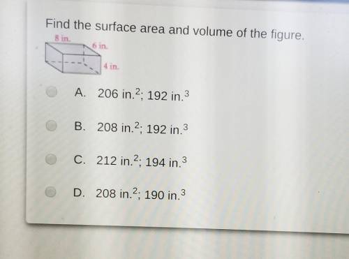 Find the surface area and volume of the figure.8 in6 in4 inOA. 206 in. 2; 192 in.3OB. 208 in.2; 192