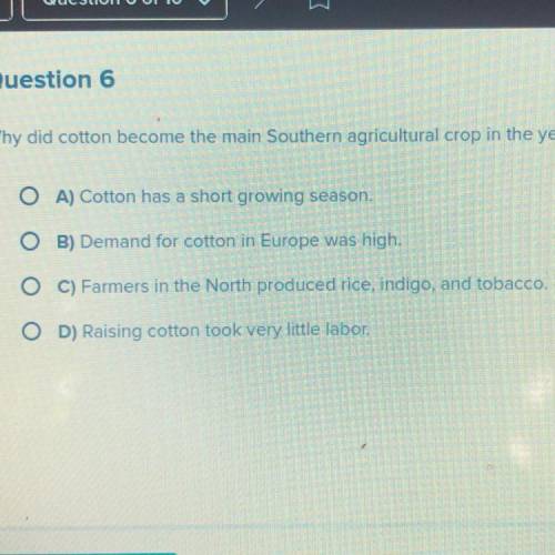 Why did cotton become the main southern agricultural crop in the years before 1860?