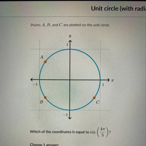 Points A, B, and C are plotted on the unit circle. Which of the coordinates is equal to sin (4pi/5)