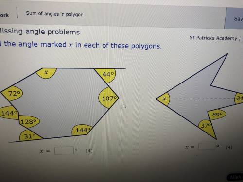 Find the angle marked as x in each of these polygons