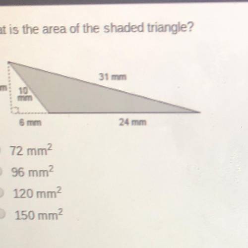 What is the area of the shaded triangle? 72 mm2 096 mm2 120 mm2 0 150 mm