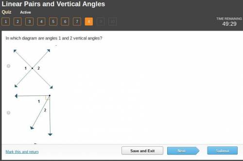 In which diagram are angles 1 and 2 vertical angles? 2 lines intersect and form 4 angles. Labeled cl