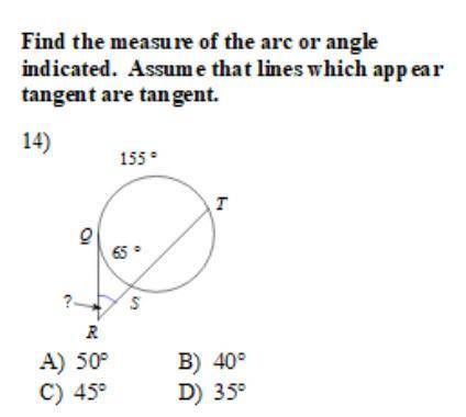 Find the measure of the arc or angle indicated. Assume that lines which appear to be tangent are tan