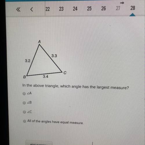 In the above triangle, which angle has the largest measure?