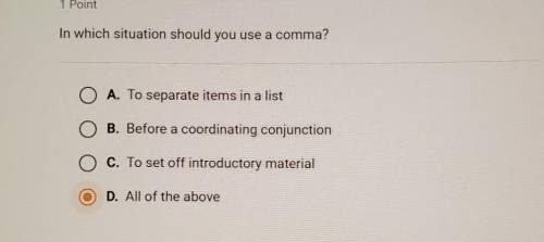 In which situation should you use a comma?A. To separate items in a listB. Before a coordinating con
