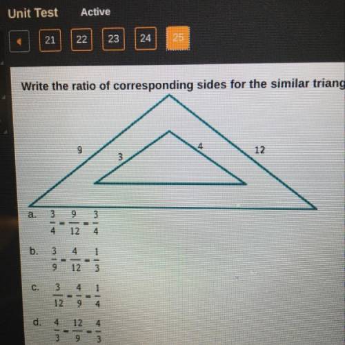 Write the ratio of corresponding sides for the similar triangles and reduce the ratio to lowest term